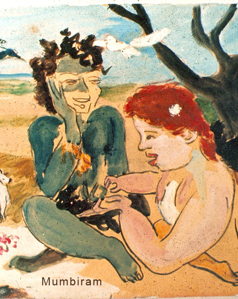 “Red haired amateur palmist girl reading Krishna’s fortune near Govardhan”