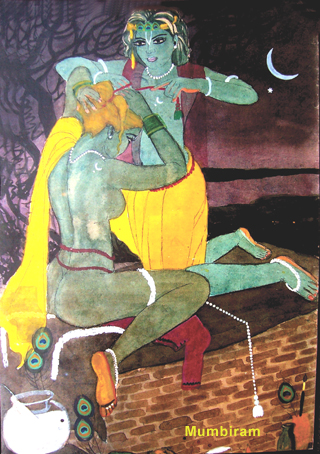 “Let's go home before it gets light” Watercolor by Mumbiram, 1990, Pune