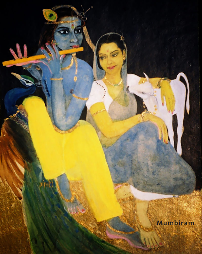 “Radha Svadheenbhartrika (Radha has Krishna to herself in a favourable mood)” by Mumbiram, Watercolor, 1995, Pune
