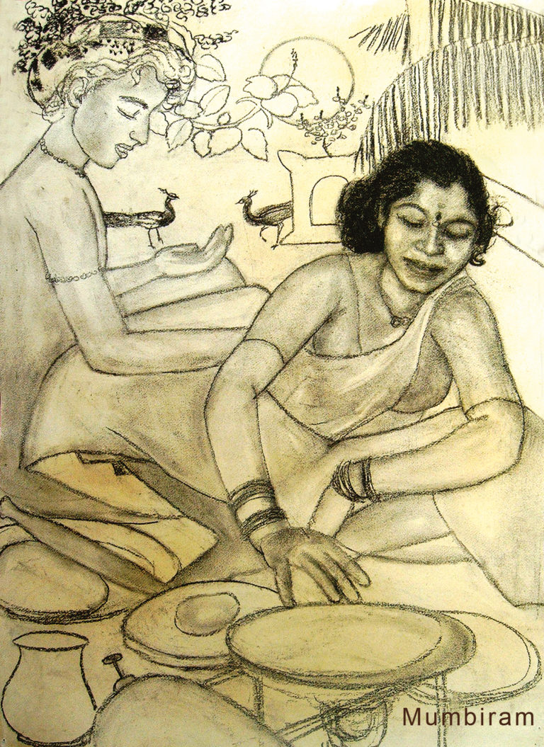 ”Not by bread alone – Kusum making chapattis”, by Mumbiram, Charcoal, Pune 1990