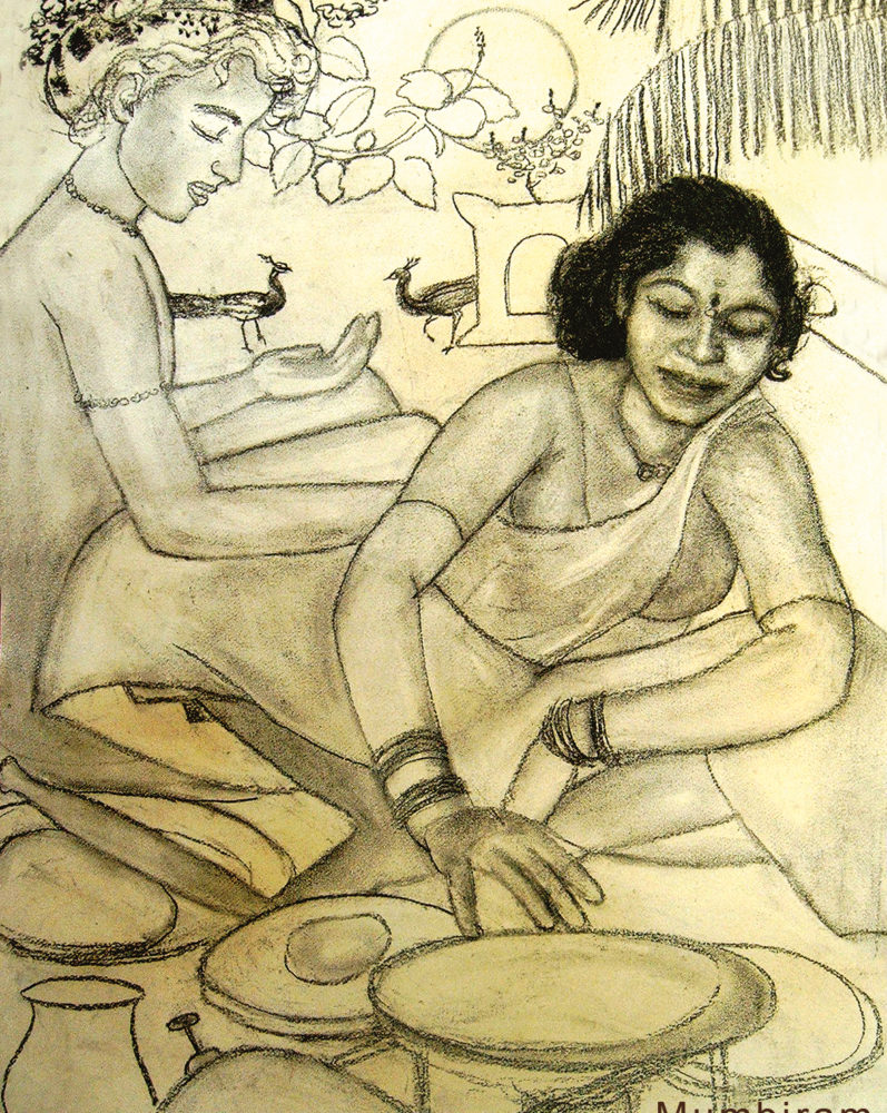 ”Not by bread alone – Kusum making chapattis”, by Mumbiram, Charcoal, Pune 1990