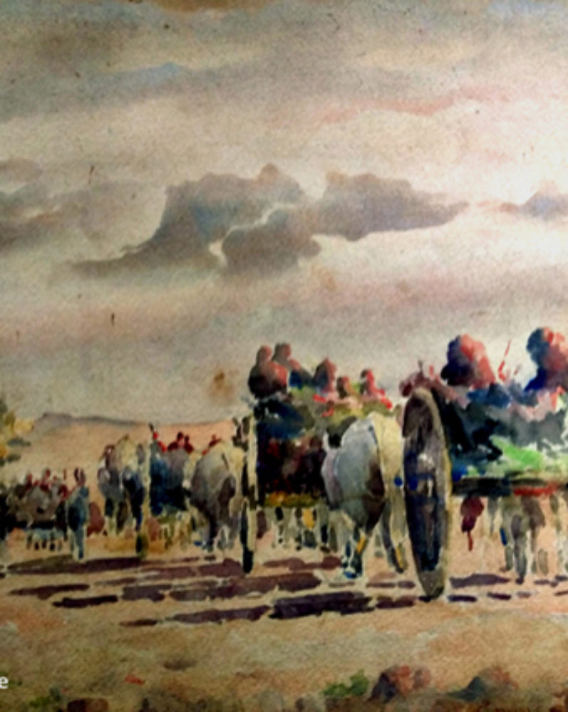 “Bullock Cart Caravan returning home at sundown”, by S.H.Godbole, watercolor, Pune, 1948