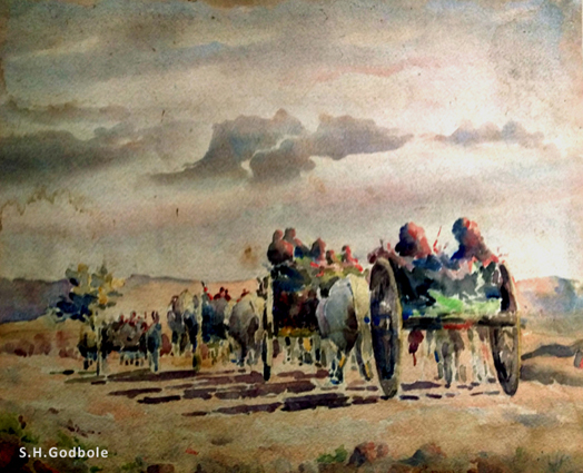 Read more about the article “Bullock Cart Caravan returning home at sundown”, by S.H.Godbole, watercolor, Pune, 1948