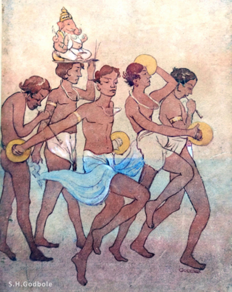 “Young Men with Ganesha on Ocean Beach”, by S.H.Godbole, watercolor, Pune, circa 1930