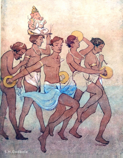“Young Men with Ganesha on Ocean Beach”, by S.H.Godbole, watercolor, Pune, circa 1930