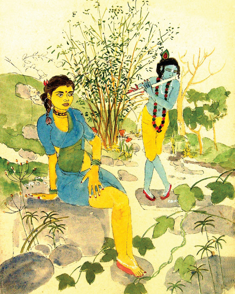 “Meeting by the Stream”, by Mumbiram, Watercolor, Pune, 1990