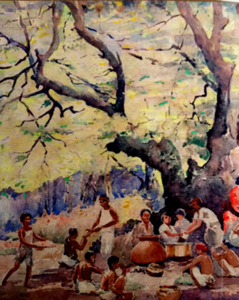 “Midday Feast for the Village Deity in the Forest”, by S.H.Godbole, watercolor, Pune, 1950