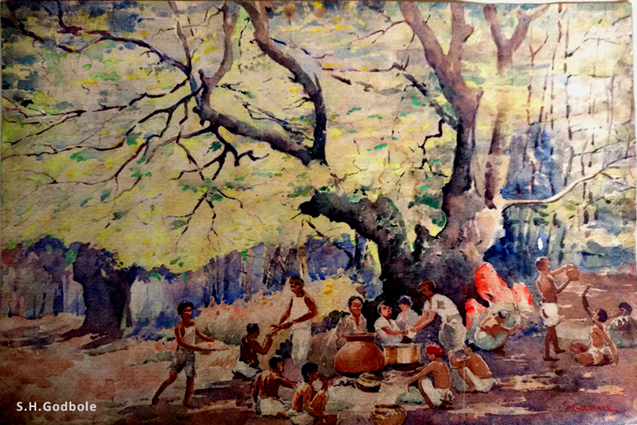 Read more about the article “Midday Feast for the Village Deity in the Forest”, by S.H.Godbole, watercolor, Pune, 1950