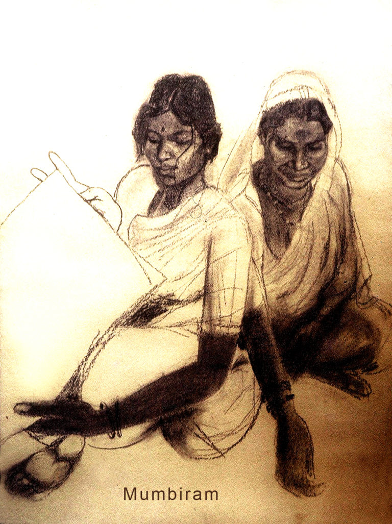 “Kusum brings her Mother Sakhrabai to visit the Artist”, by Mumbiram, Charcoal, 1984, Pune