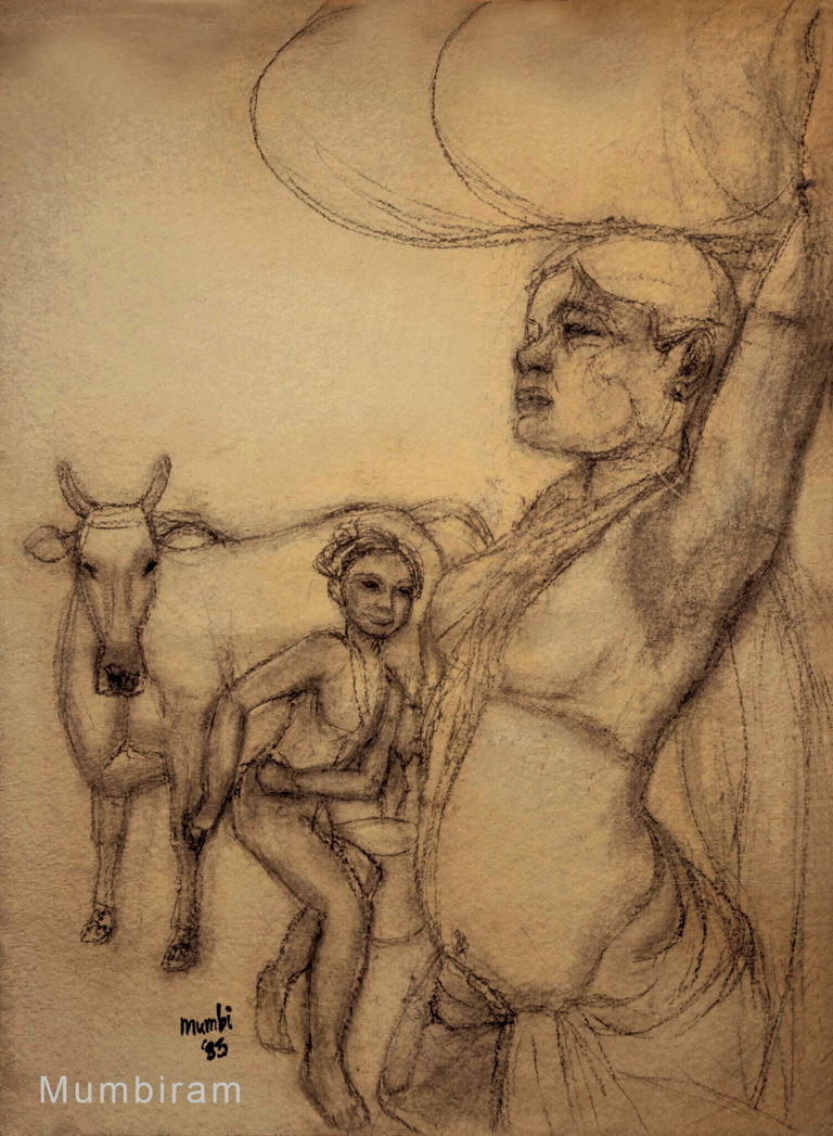 “Encounter on the way back from the forest” by Mumbiram, Charcoal on paper, 1987, Pune