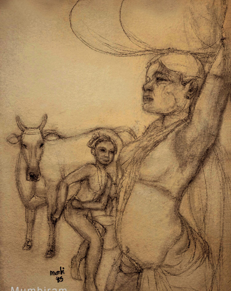 “Encounter on the way back from the forest” by Mumbiram, Charcoal on paper, 1987, Pune