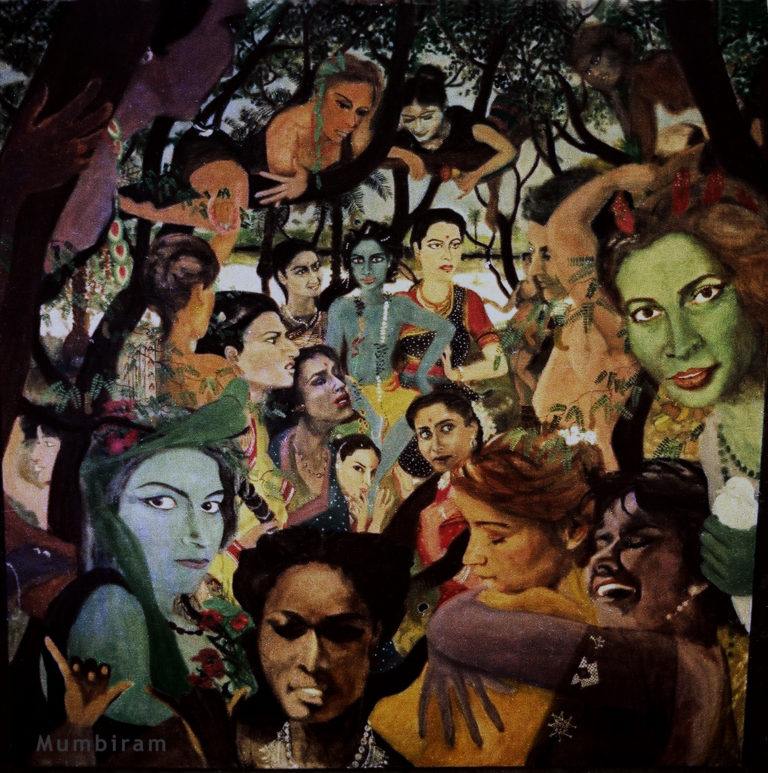 Read more about the article “Forest Women Visit Krishna and the Gopis – A Legendary Painting”, Mumbiram, Oil on  Canvas, Pune 1985