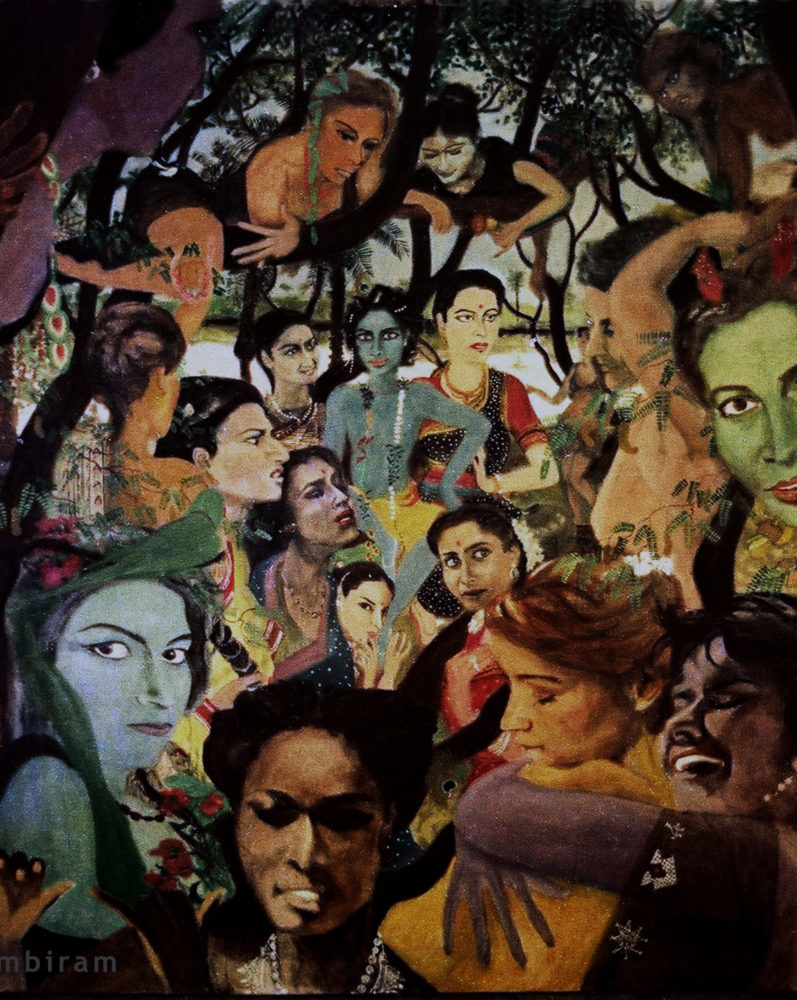 “Forest Women Visit Krishna and the Gopis – A Legendary Painting”, Mumbiram, Oil on  Canvas, Pune 1985