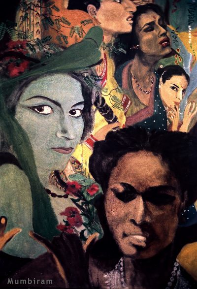 “Forest Women visit Krishna and the Gopis” Detail: Imitating Krishna’s flute-playing, Mumbiram "Forest Women visit Krishna and the Gopis" Detail: Imitating Krishna's flute-playing, Mumbiram