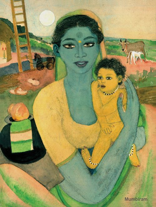 "HirkaniReunited with her Baby" Mumbiram. Watercolours and gold leaf, 1985